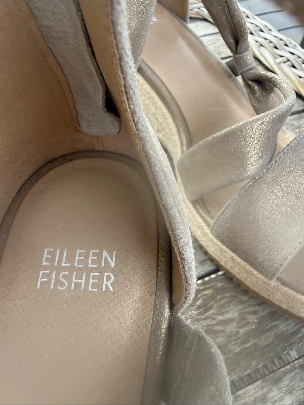 Eileen Fisher Wisp Metallic Taupe Espadrille Wedge Sandal with Ankle Strap